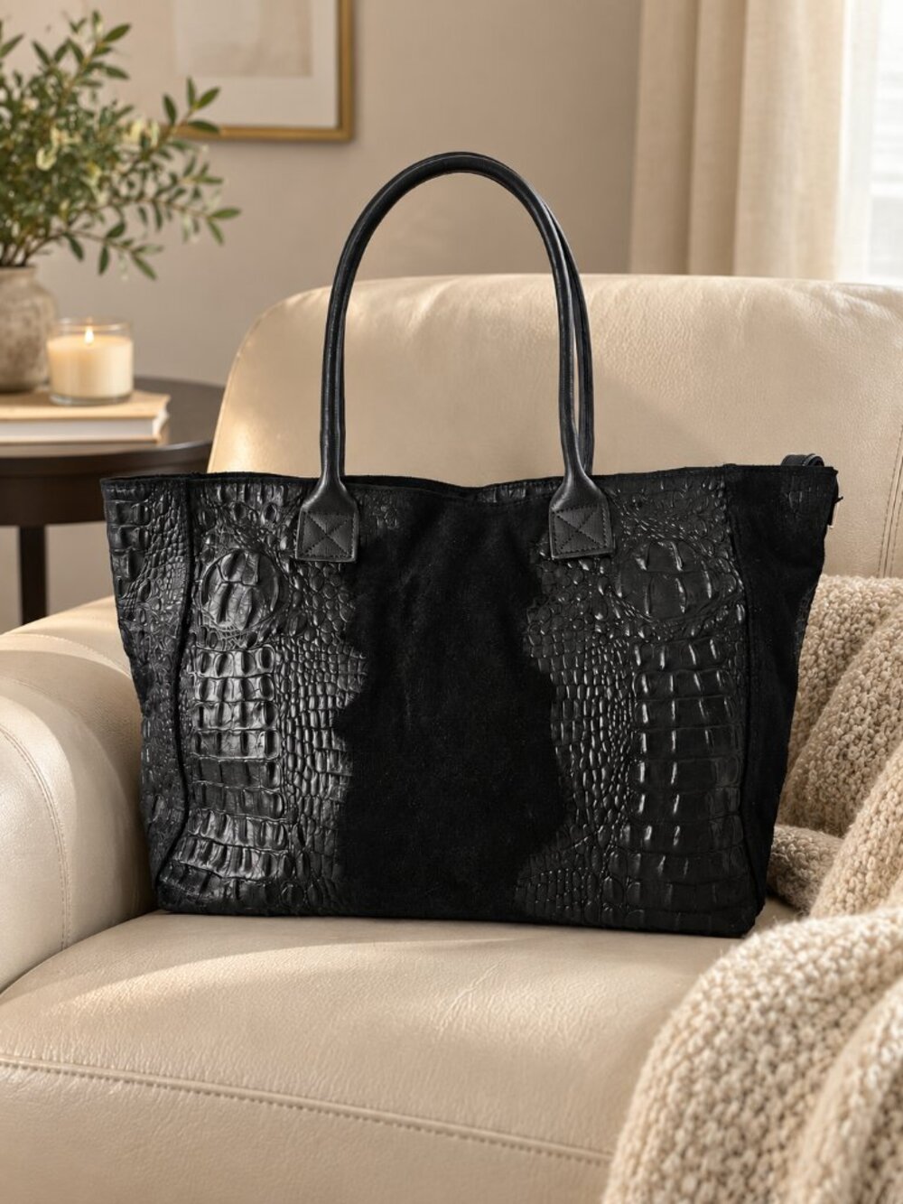 Black Suede Tote Bag, Large Italian Leather Shopper, Croc Embossed Shoulder Bag